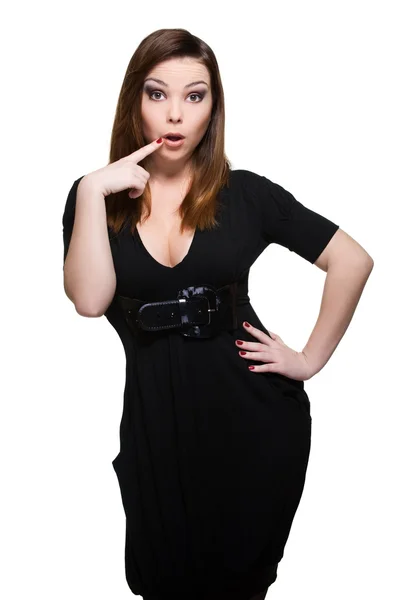 Überraschte Frau im schwarzen Kleid — Stockfoto