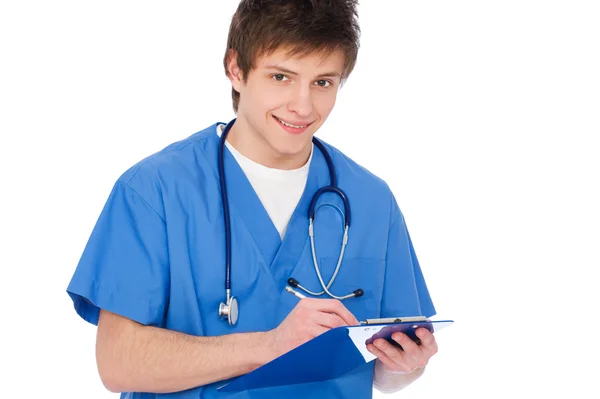 Νοσοκόμα νεαρό αγόρι με το σημειωματάριο — Φωτογραφία Αρχείου