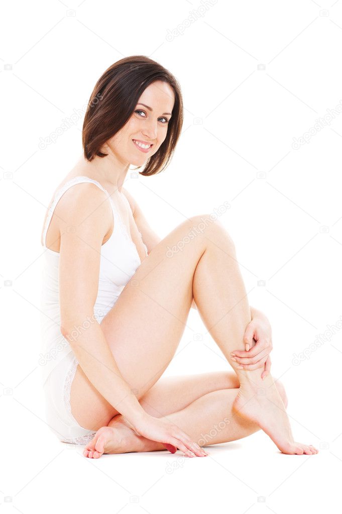 Smiley young woman in white underwear