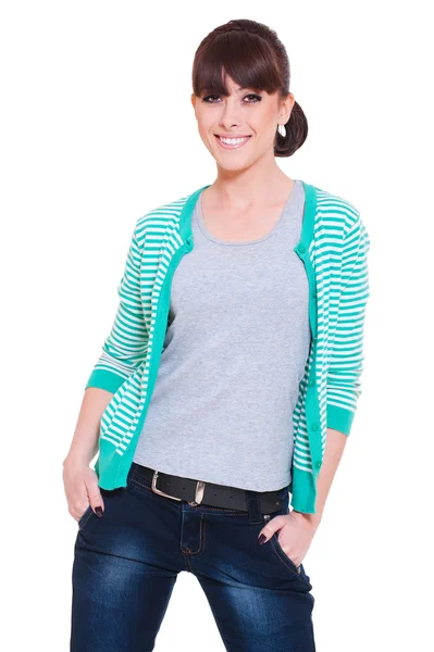 Happy woman in striped jacket — Stock Photo, Image