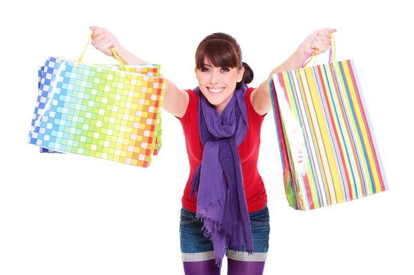 Parlak alışveriş torbaları kadınla — Stok fotoğraf