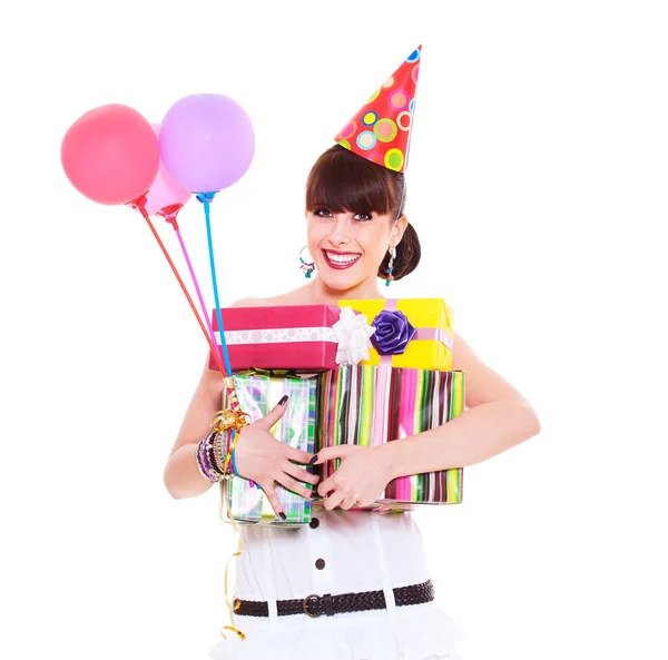 Frau mit Geschenken und Luftballons — Stockfoto