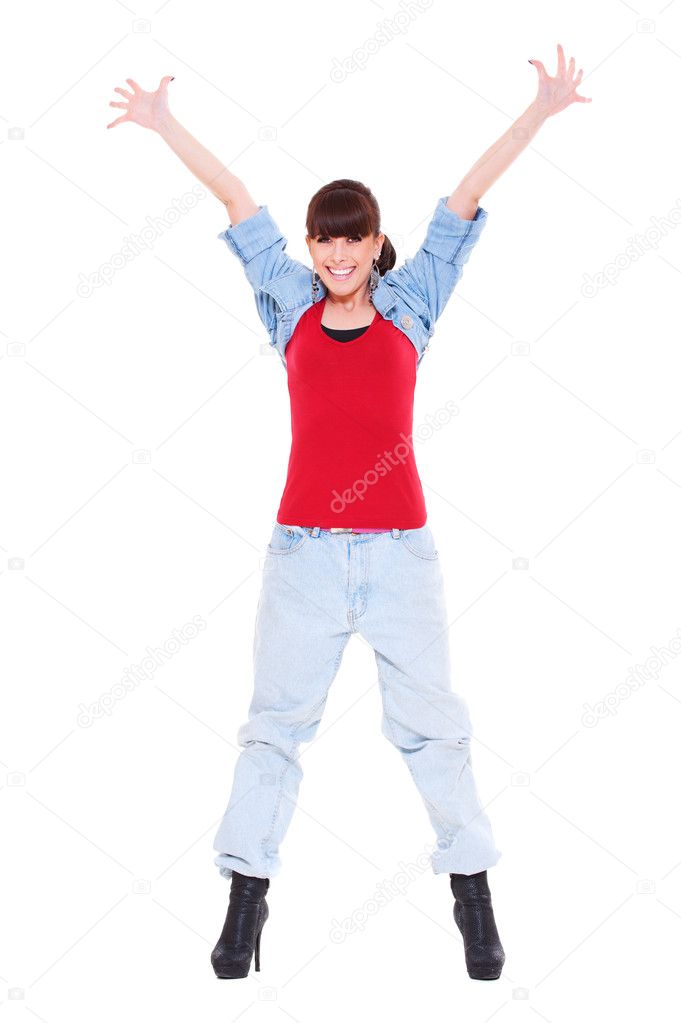 Happy woman raised hands up