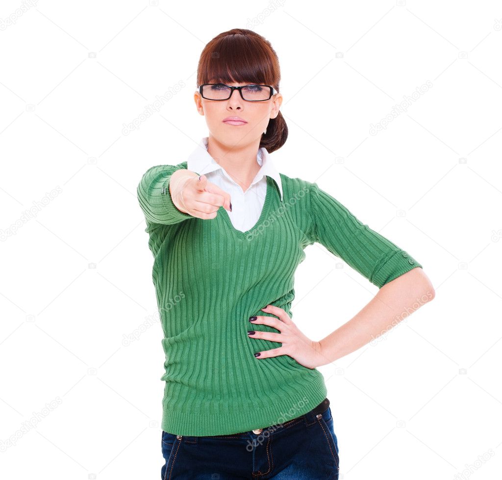 Woman in glasses pointing