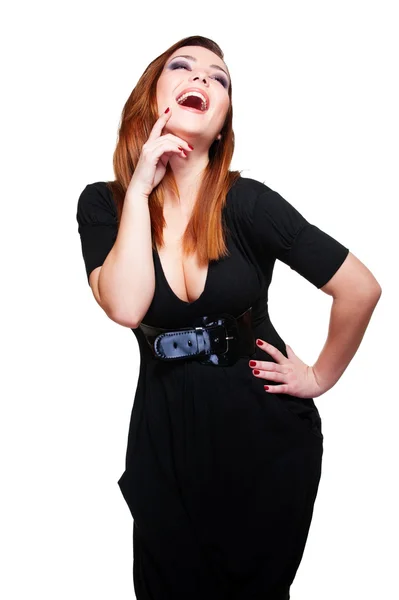 Fröhliche Frau im schwarzen Kleid — Stockfoto