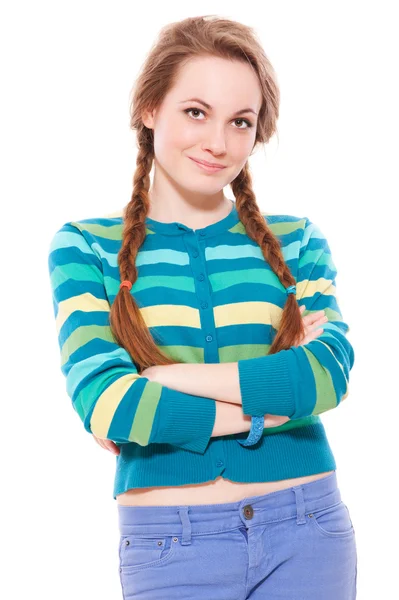Smiley woman with two braids — Stock Photo, Image