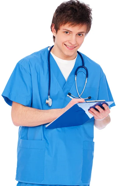 Νοσοκόμα νεαρό αγόρι με το σημειωματάριο — Φωτογραφία Αρχείου