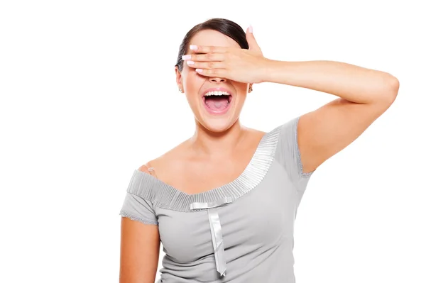 Šťastná žena s zavřel oči ručně — Stock fotografie