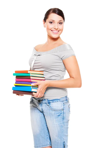 Smiley model holding many-coloured books — Stock Photo, Image