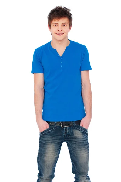 Facet buźkę w niebieską koszulkę — Zdjęcie stockowe
