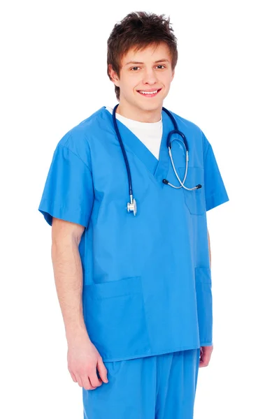 穿着蓝色制服的笑脸护士 — 图库照片