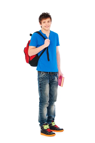 Studente sorridente che tiene borsa e libro — Foto Stock