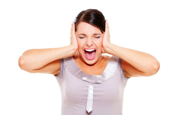 Mujer estresante cubriéndose los oídos —  Fotos de Stock