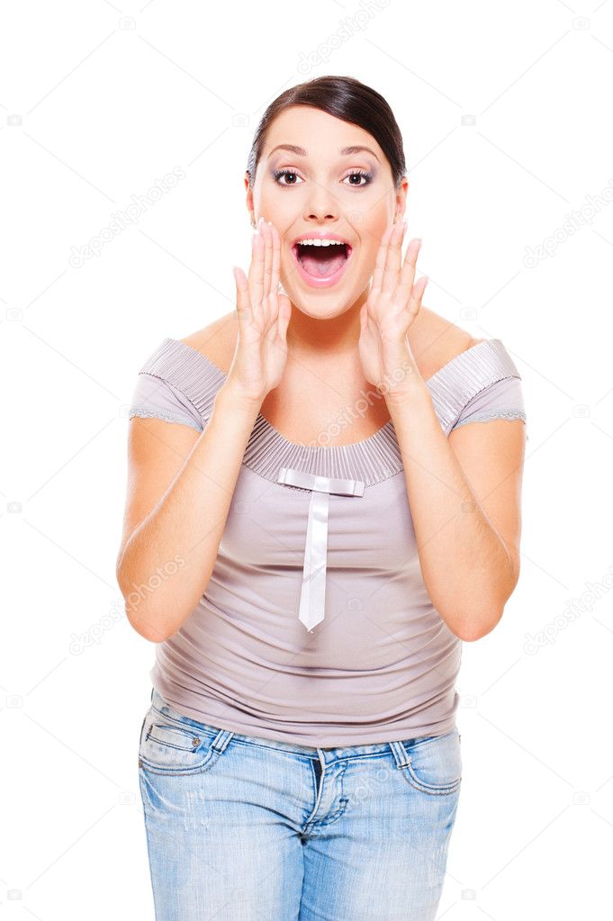 Woman shouting over white background
