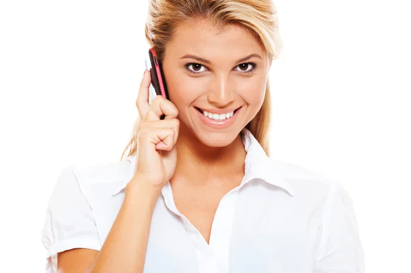 Mujer animada hablando por teléfono móvil — Foto de Stock