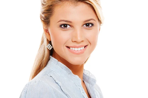 Glücklich Smiley-Modell auf weißem Hintergrund — Stockfoto