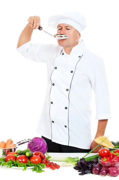 Portrait of chef with big spoon — Stock Photo, Image
