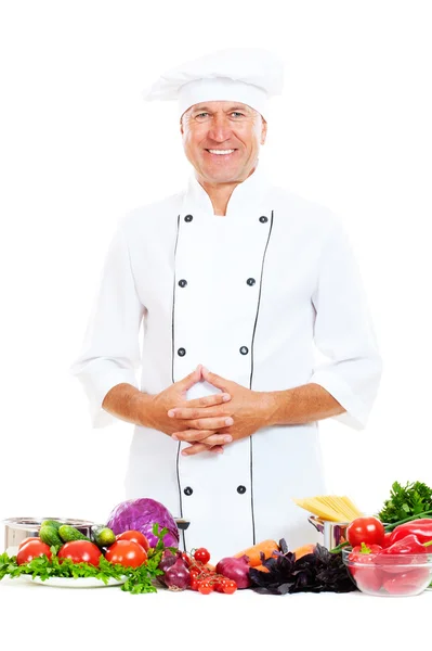 Portrait of happy cook with vegetables — Stock Photo, Image