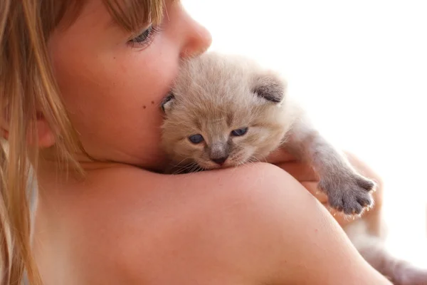 Child and a white kitten. — Stock Photo, Image