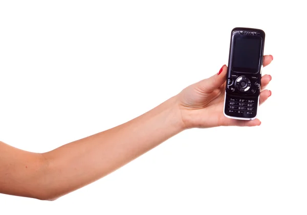 Vrouw hand en mobiele telefoon. — Stockfoto