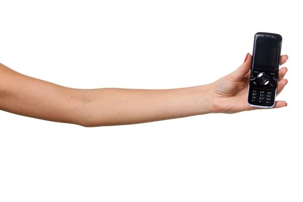 Γυναίκα χέρι και το κινητό τηλέφωνο. — Φωτογραφία Αρχείου