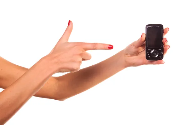 มือผู้หญิงและโทรศัพท์มือถือ . — ภาพถ่ายสต็อก