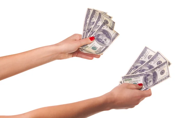 Kobiet w ręce trzyma dolarów. — Zdjęcie stockowe