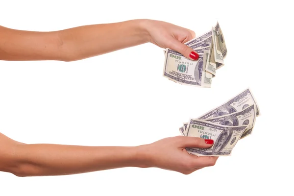 Kobiet w ręce trzyma dolarów. — Zdjęcie stockowe