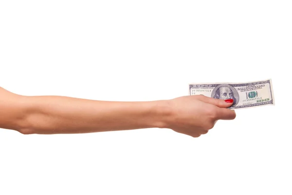 Mãos de mulher segurando dólares . — Fotografia de Stock
