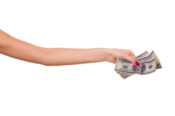 Manos de mujer sosteniendo dólares . — Foto de Stock