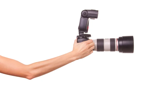 stock image Women's hands holding the camera.