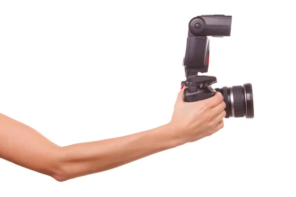 stock image Women's hands holding the camera.