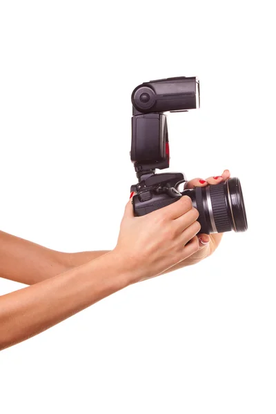 stock image Women's hands holding the camera.