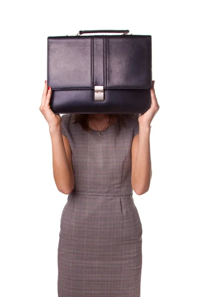 Женщина и черный кожаный портфель . — стоковое фото