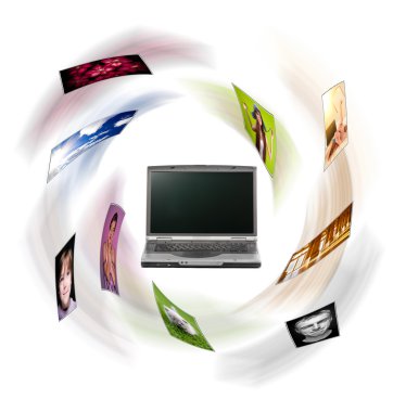 A laptop and digital pictures flying. clipart