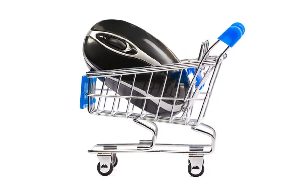 Mouse de computador no carrinho de compras — Fotografia de Stock