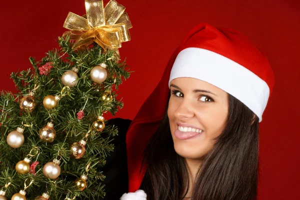 Santa Claus girl with Christmas tree — Stock Photo, Image
