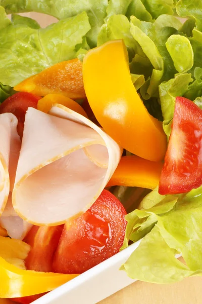 Close-up of a mixed salad with roast turkey — Stock Photo, Image