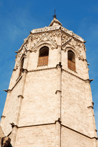 El Miguelete the gothic bell tower of Valencia Cathedral in Spain. The Cathedral was built between 1252 and 1482 on the site of a mosque and previosly a roman t