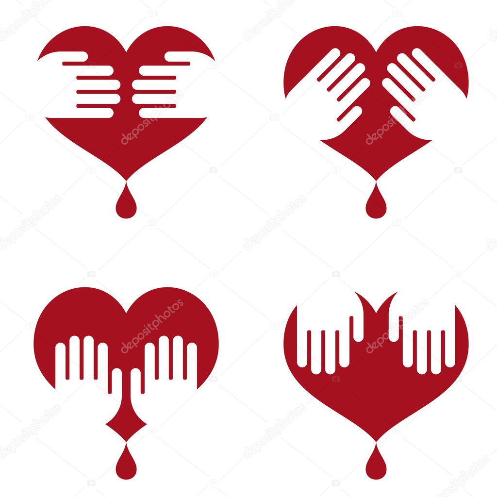 Icons of human heart with hands on it