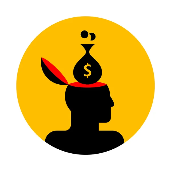 お金の袋を持つ人間の頭 — ストックベクタ