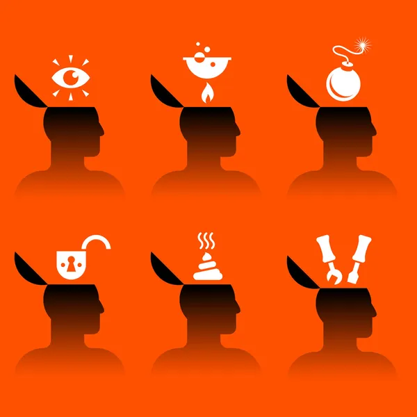 Ícones da cabeça humana com vários objetos —  Vetores de Stock