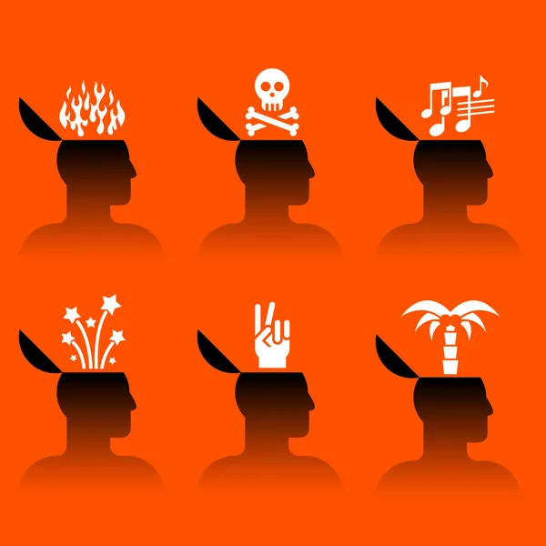 Icone di testa umana con vari oggetti — Vettoriale Stock