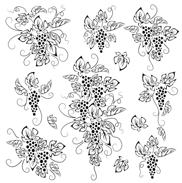 Uva con hojas, negro sobre blanco — Archivo Imágenes Vectoriales