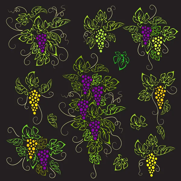 Uva con hojas, sobre negro — Vector de stock