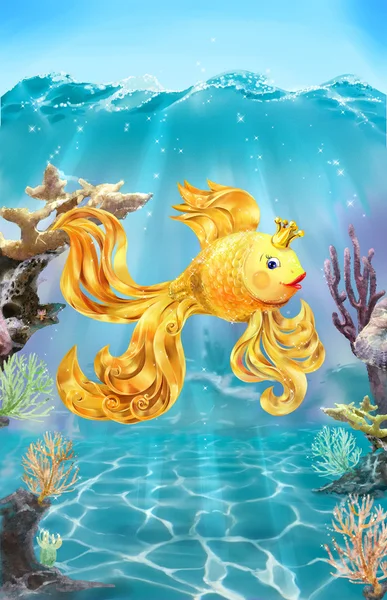 Барвисті ілюстрації золотої риби на дні моря . — стокове фото