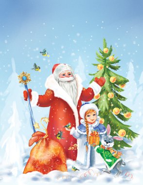 Santa Claus and the Snow Maiden in winter landscape clipart