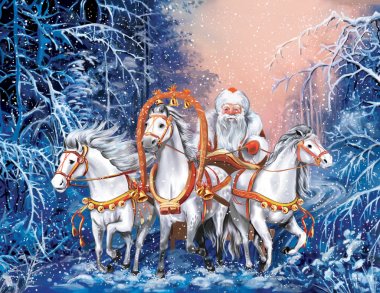 A russian triple of horses with Santa Claus rides the winter forest