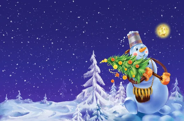 Usmíval se sněhulák vánoční strom na zimní pozadí — Stock fotografie