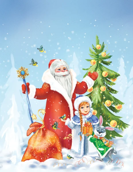 Santa claus en het meisje van de sneeuw in de winterlandschap — Stockfoto